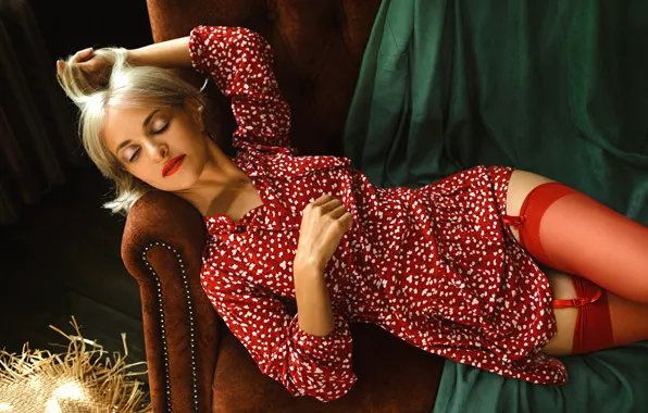 Girl, pose, sofa, stockings, dress, blonde, red lipstick, closed eyes