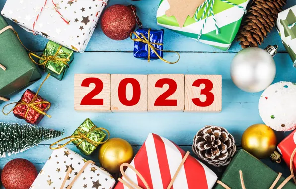Balls, figures, New year, bright colors, date, 2023, New Year 2023