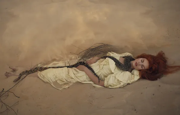 Sand, girl, branches, nature, pose, the wind, desert, snake