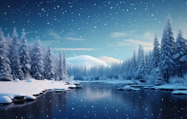 Winter, forest, snow, trees, lake, tree, forest, landscape
