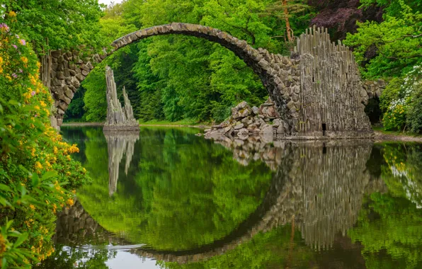 Bridge, lake, reflection, Germany, Germany, Saxony, Saxony, Rakotzbrücke