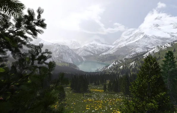 Snow, trees, mountains, nature, lake, valley, art, peak