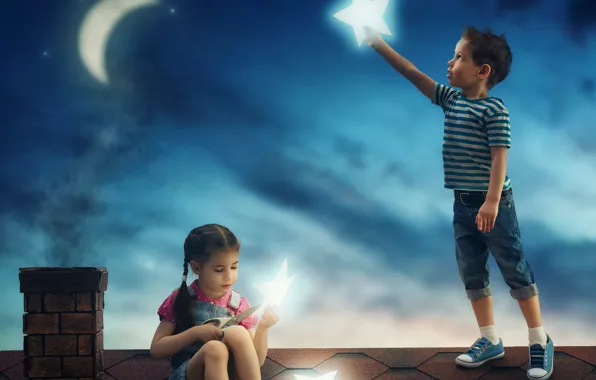 Roof, the sky, stars, night, children, house, the moon, boy