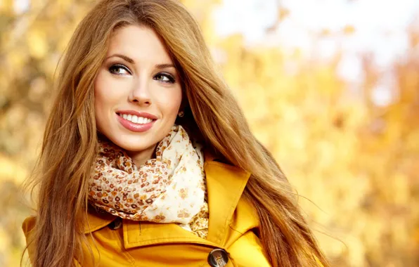 Picture girl, smile, scarf, collar, brown hair, coat