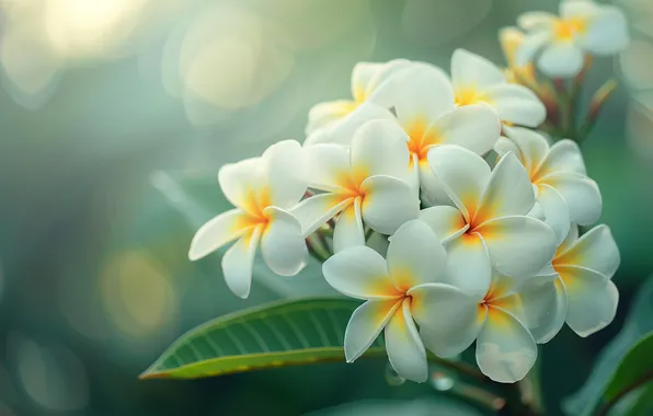 Leaves, light, flowers, white, inflorescence, bokeh, plumeria, frangipani