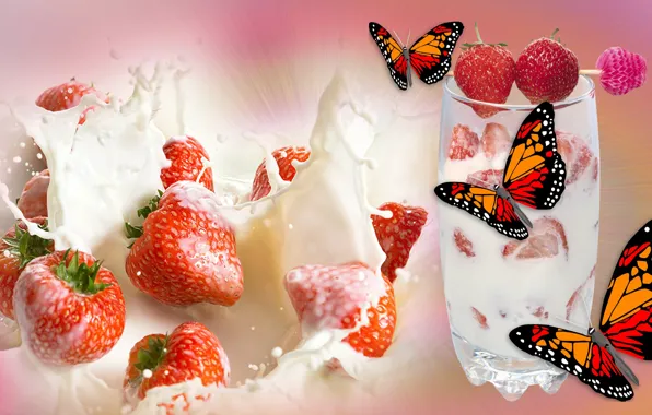 Mood, butterfly, cream, strawberry, the Wallpapers