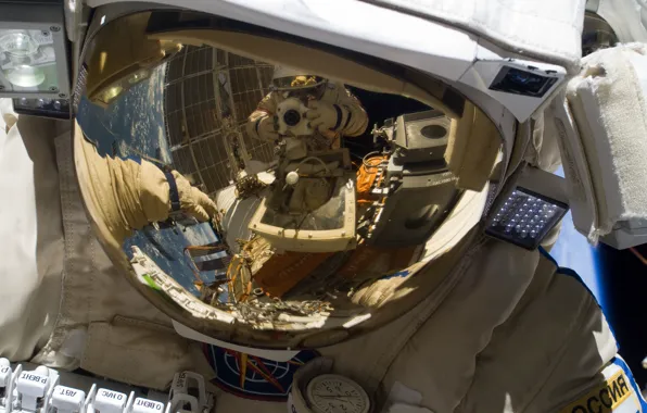 Reflection, Space, helmet, Russian cosmonaut, spacesuit Orlan MK