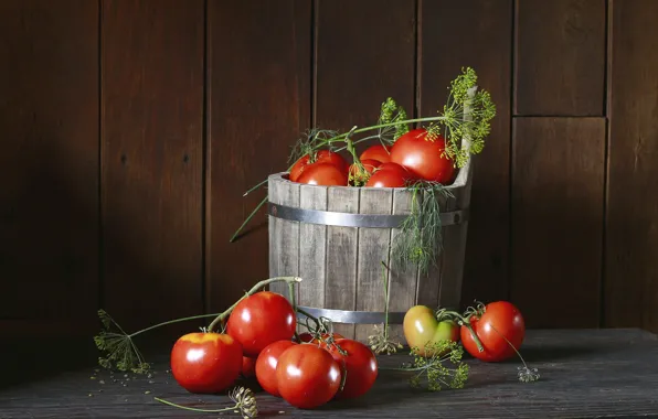 Table, Board, dill, still life, tomatoes, tomatoes, the barrel