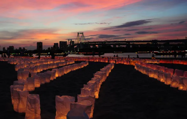 The sky, clouds, sunset, bridge, the city, lights, Japan, Tokyo