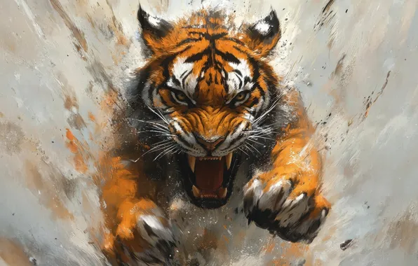 Look, Tiger, Jump, Fangs, Predator, Digital art, Big cat, Grin