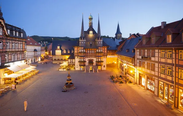The city, the evening, area, Germany, town hall, Wernigerode, Market Place, Municipal Town Hall