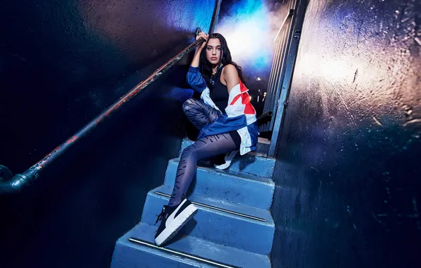 Picture look, pose, model, makeup, figure, singer, on the steps, background wall