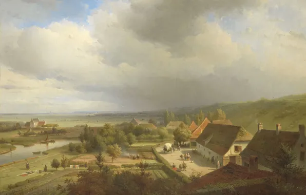 Picture river, home, picture, yard, Abraham Johannes Couwenberg, Hilly Landscape in Wageningen