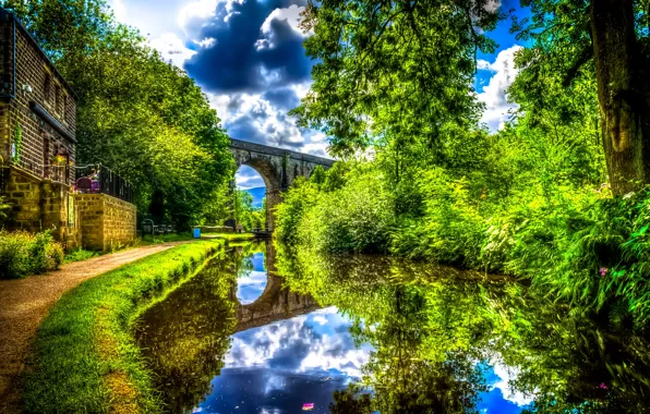 Greens, water, clouds, trees, bridge, house, reflection, river