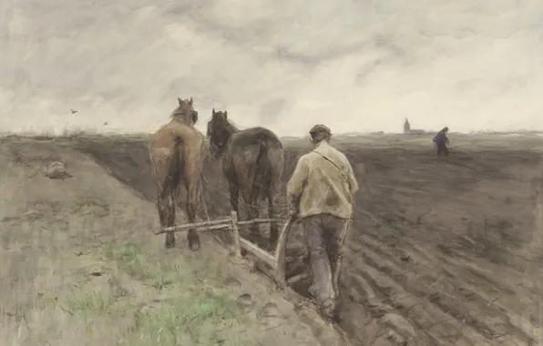 Figure, watercolor, Anton Mauve, The Farmer Plows