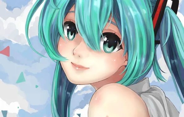 Picture girl, clouds, face, smile, hair, art, vocaloid, hatsune miku