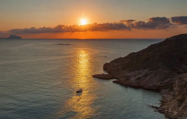 The sun, sunset, rocks, boats, The Mediterranean sea