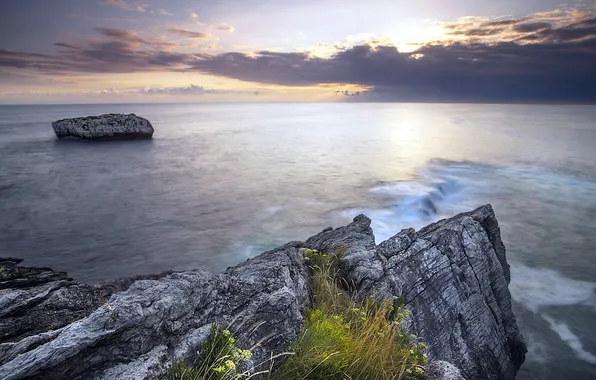 Sea, landscape, sunset, rocks
