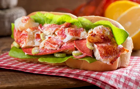 Leaves, fish, blur, bread, sandwich, vegetables, sausage