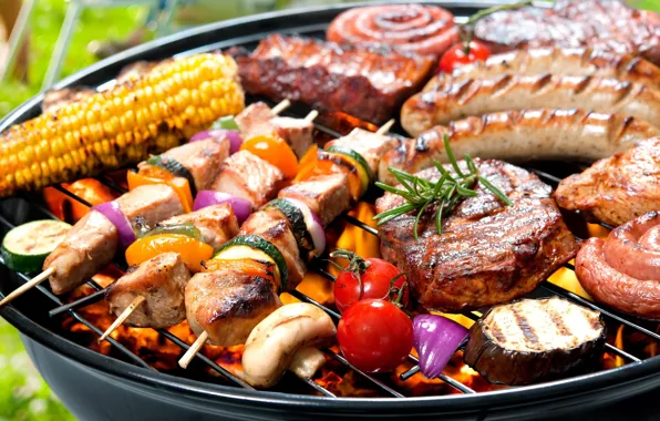Sausage, corn, meat, BBQ, tomato, kebab, steak, grill