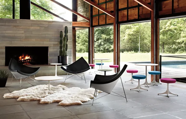 Design, style, Villa, interior, chairs, fireplace, living room, tables