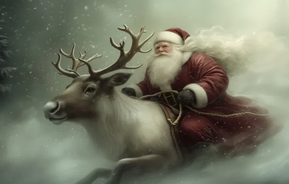 Winter, snow, deer, Christmas, New year, horns, Santa Claus, Santa Claus