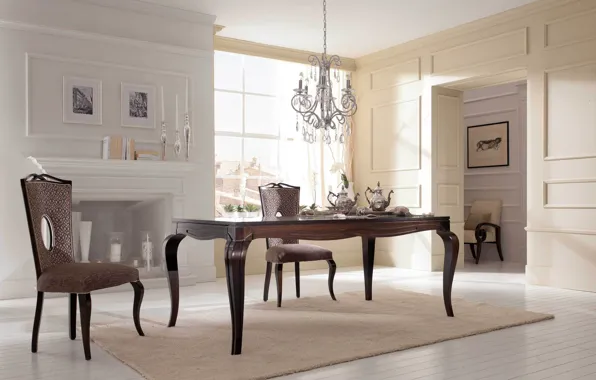 Picture table, furniture, interior, chair, chandelier, fireplace, dining room