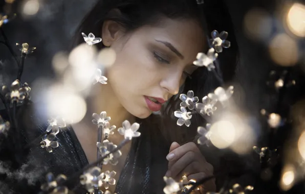 Picture girl, face, model, garland, bokeh, Joy Lamore, Frank Verbreyt