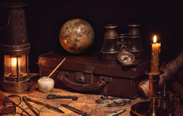 Retro, map, candle, glasses, lantern, binoculars, suitcase, coins