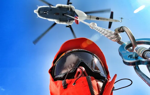 Picture the sky, glasses, helicopter, lifeguard, carabiner