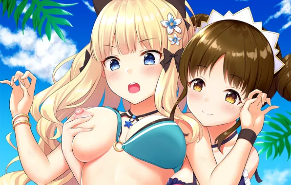 Sexy, long hair, girls, brown hair, nipples, boobs, anime, blue eyes