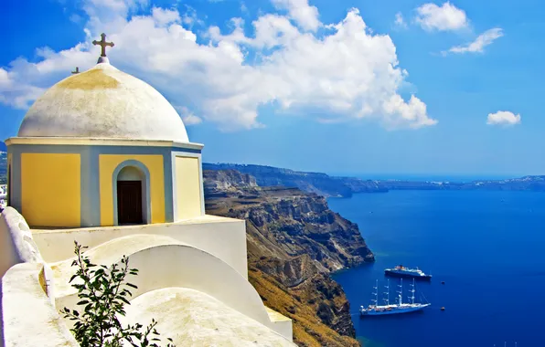 Picture sea, clouds, rocks, shore, island, ships, Greece, Cathedral