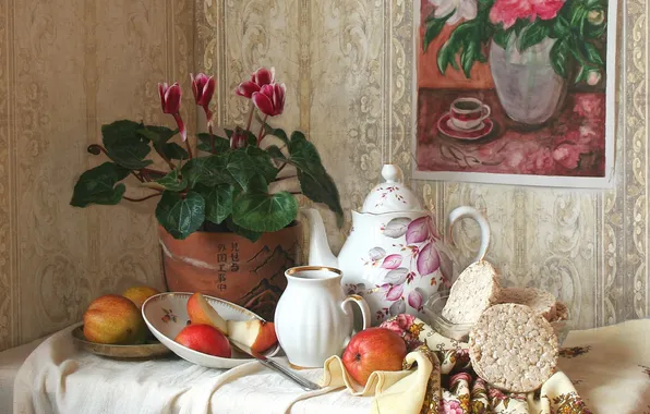 Apples, picture, dishes, still life, cyclamen, bread