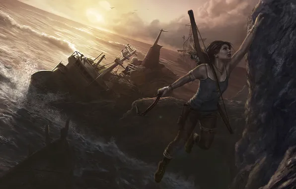 Picture rock, the ocean, the game, ship, bow, art, Tomb Raider, game