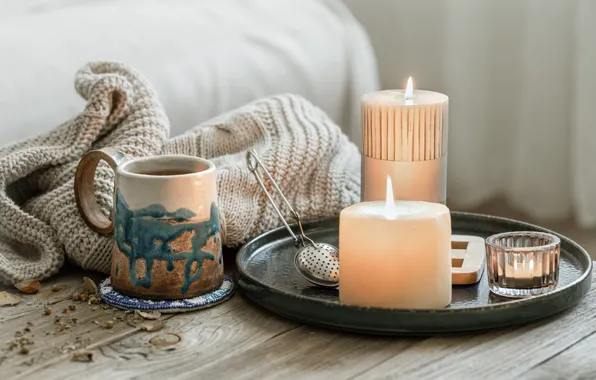 Picture comfort, sofa, flame, tea, Board, candles, mug, Cup