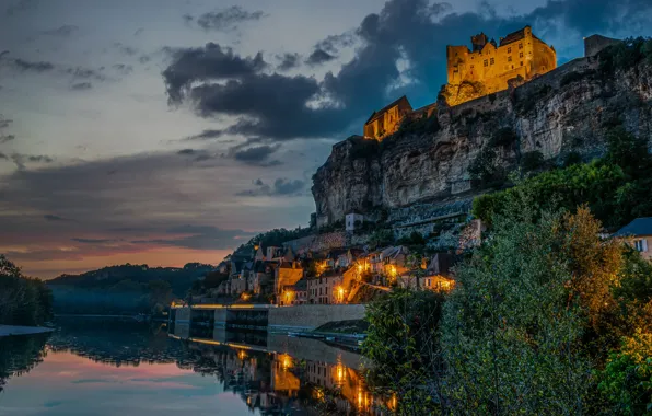 Rock, reflection, river, castle, France, village, France, Dordogne River