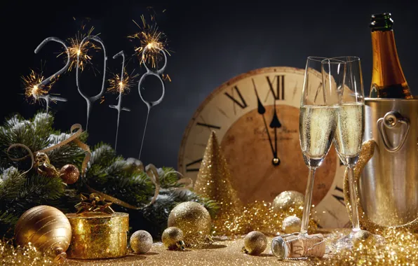 Picture decoration, night, balls, watch, tree, New Year, glasses, champagne