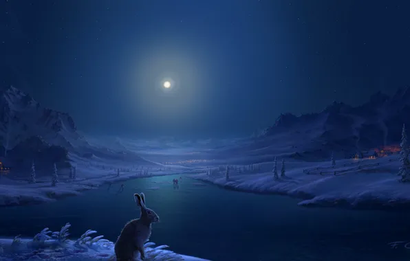 Winter, snow, mountains, river, people, hare, home, The moon