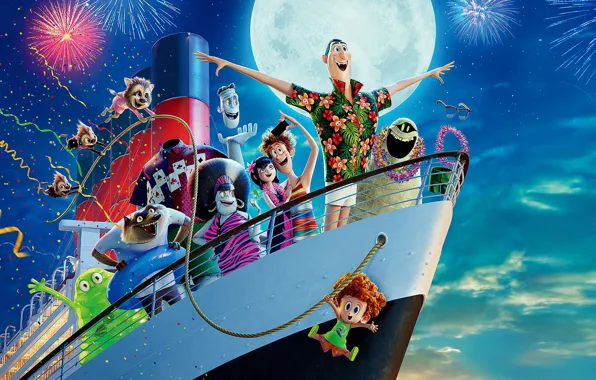 Picture the sky, the moon, ship, cartoon, salute, fireworks, fun, characters