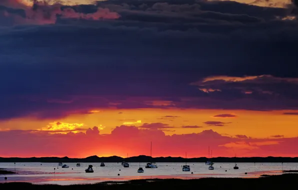 The sky, clouds, light, sunset, mountains, clouds, shore, boats