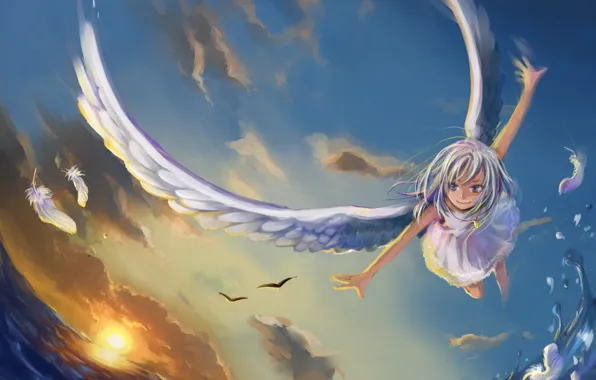 Picture sea, water, girl, the sun, flight, seagulls, wings, angel