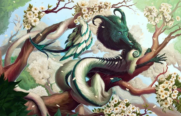 Picture leaves, flowers, branch, Dragon, tail, lies, fur, brush