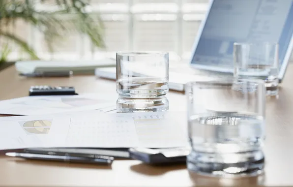Water, glass, laptop, documents, business