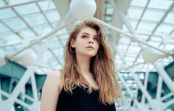 Pose, model, portrait, makeup, hairstyle, blonde, beauty, in black