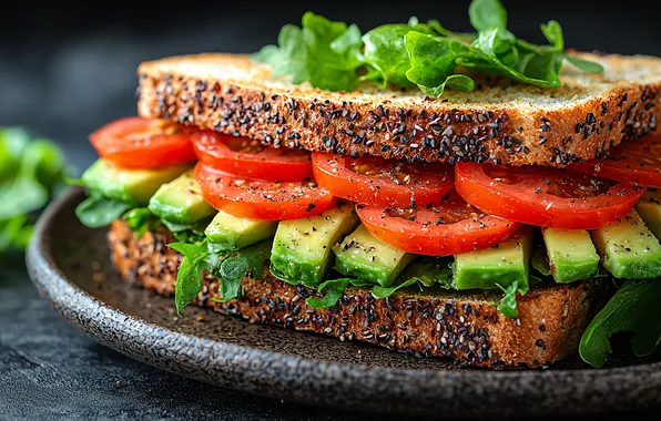 Greens, plate, bread, sandwich, tomatoes, cucumbers, sesame, avocado