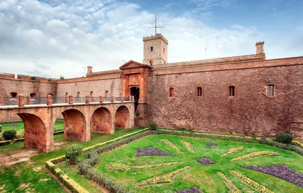 Bridge, design, castle, lawn, wall, tower, yard, Spain