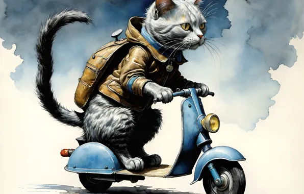 Cat, cat, look, clouds, pose, grey, traveler, moped