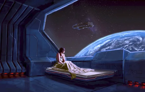 Picture stars, future, woman, ship, planet, Earth, the window, on the bed