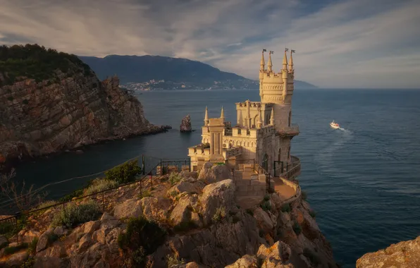 Sea, castle, rocks, Russia, Crimea, Swallow's nest, The black sea, Avrorina rock
