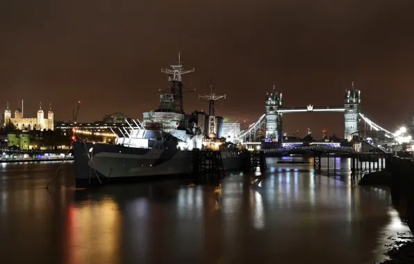The city, lights, the building, Tower Bridge, London, HMS Belfast